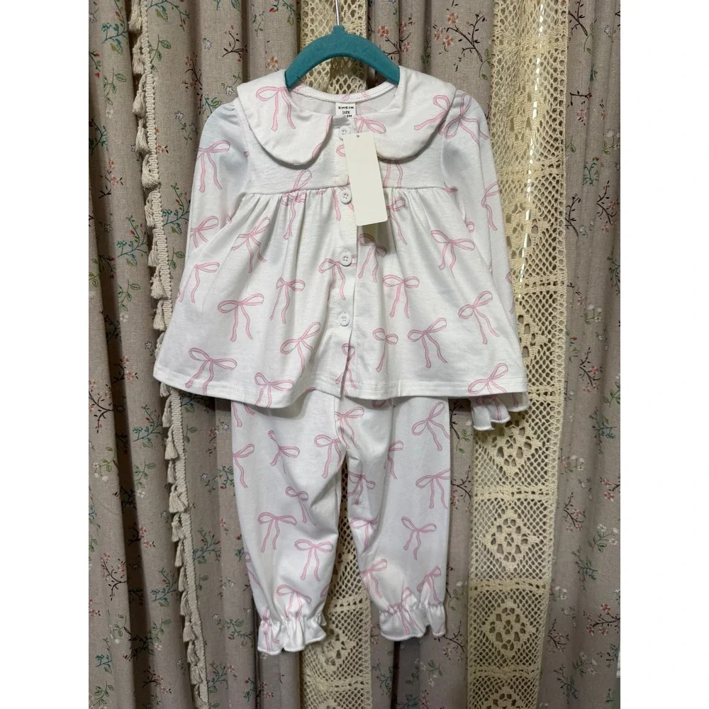 SHEIN Baby Girls 9-12M Pink Bow Pajama Set Peter Pan Collar Ruffle NWT